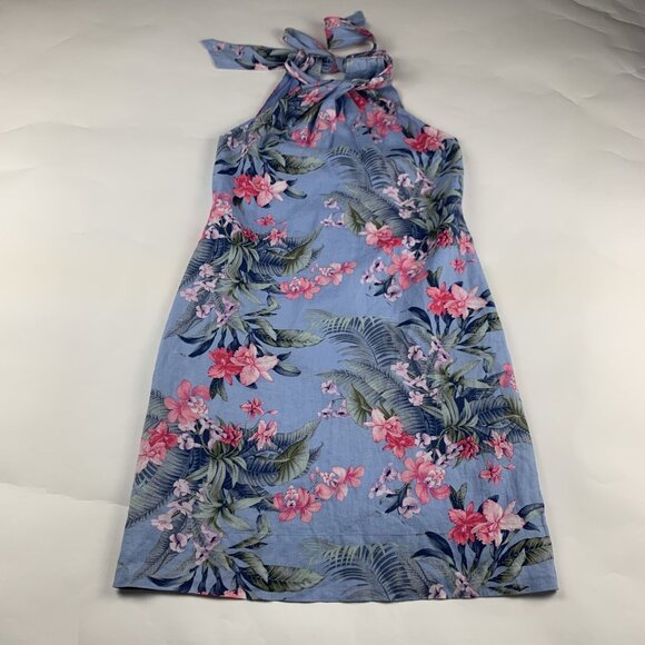 Tommy Bahama Blue Pink Floral Linen High Twist Neck Dress S - Picture 2 of 7